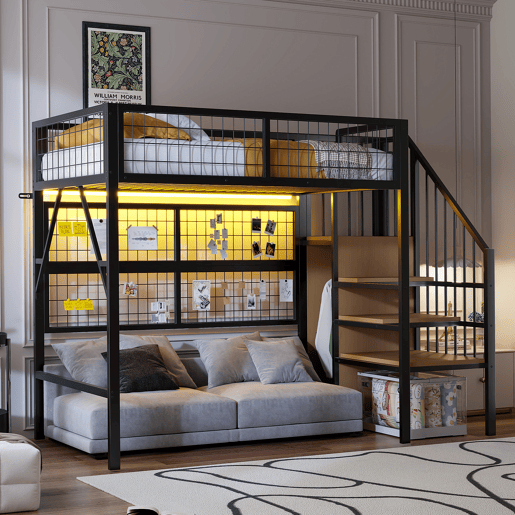 Cama alta metálica 90*200 - Com luzes LED controladas por APP, escada com arrumação, armário aberto - Preto Cama alta metálica 90*200 - Com luzes LED controladas por APP, escada com arrumação, armário aberto - Preto