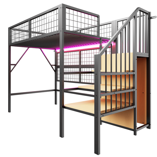 Cama alta metálica 90*200 - Com luzes LED controladas por APP, escada com arrumação, armário aberto - Preto Cama alta metálica 90*200 - Com luzes LED controladas por APP, escada com arrumação, armário aberto - Preto
