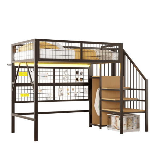 Cama alta metálica 90*200 - Com luzes LED controladas por APP, escada com arrumação, armário aberto - Preto Cama alta metálica 90*200 - Com luzes LED controladas por APP, escada com arrumação, armário aberto - Preto