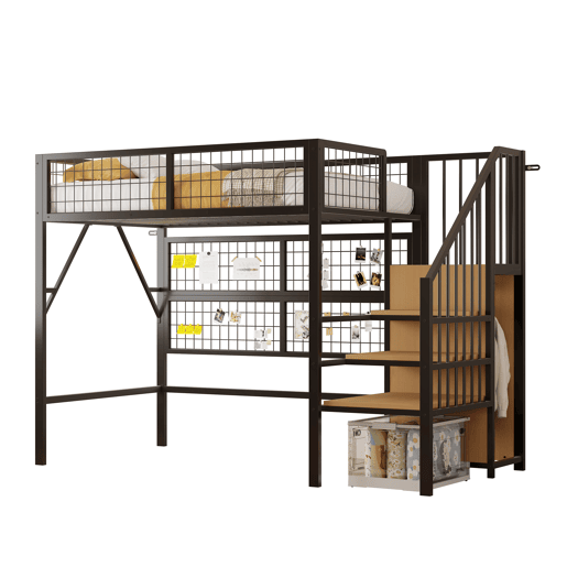 Cama alta metálica 90*200 - Com luzes LED controladas por APP, escada com arrumação, armário aberto - Preto Cama alta metálica 90*200 - Com luzes LED controladas por APP, escada com arrumação, armário aberto - Preto