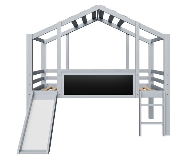 Cama infantil 90x200 cm - diseño loft, escalera y tobogán de seguridad, pizarra graffiti, madera maciza, gris