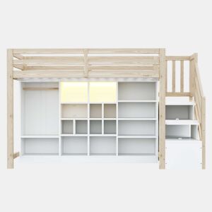Cama alta 90 x 200 cm - com armários de arrumação, vários compartimentos, roupeiro simples, iluminação LED, escada lateral integrada com espaço de arrumação - madeira natural e branca
