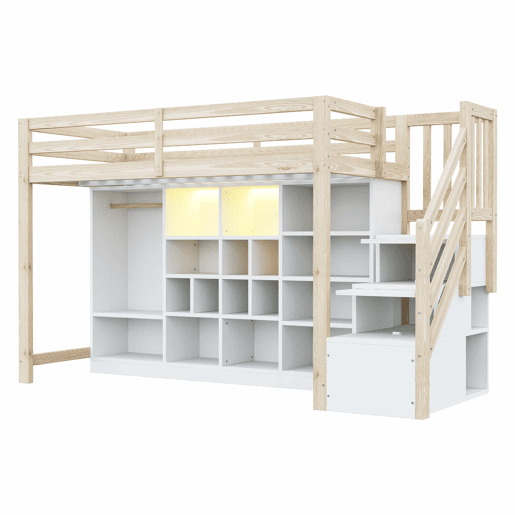 Cama alta 90 x 200 cm - com armários de arrumação, vários compartimentos, roupeiro simples, iluminação LED, escada lateral integrada com espaço de arrumação - madeira natural e branca Cama alta 90 x 200 cm - com armários de arrumação, vários compartimentos, roupeiro simples, iluminação LED, escada lateral integrada com espaço de arrumação - madeira natural e branca