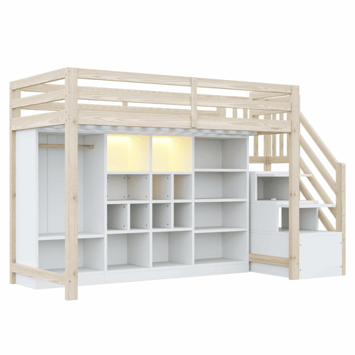 Cama alta 90 x 200 cm - com armários de arrumação, vários compartimentos, roupeiro simples, iluminação LED, escada lateral integrada com espaço de arrumação - madeira natural e branca Cama alta 90 x 200 cm - com armários de arrumação, vários compartimentos, roupeiro simples, iluminação LED, escada lateral integrada com espaço de arrumação - madeira natural e branca