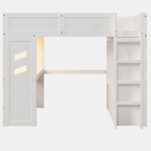Cama alta 90x200 cm - Gaming com secretária, LED, 1 USB, 1 tipo C, com prateleira, branca