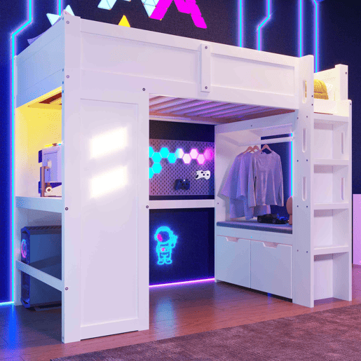 Cama alta 90x200 cm - Gaming com secretária, LED, 1 USB, 1 tipo C, com prateleira, branca Cama alta 90x200 cm - Gaming com secretária, LED, 1 USB, 1 tipo C, com prateleira, branca