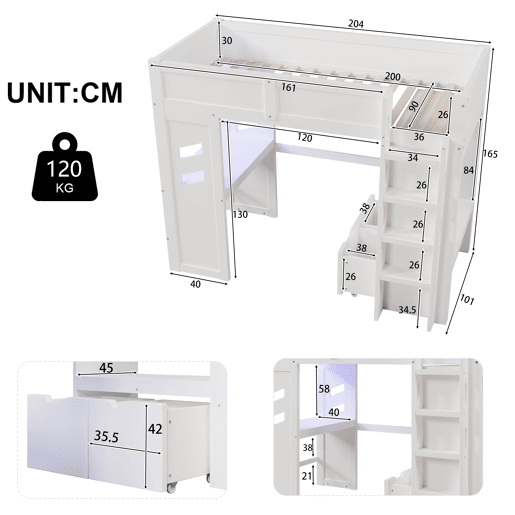 Cama alta 90x200 cm - Gaming com secretária, LED, 1 USB, 1 tipo C, com prateleira, branca Cama alta 90x200 cm - Gaming com secretária, LED, 1 USB, 1 tipo C, com prateleira, branca
