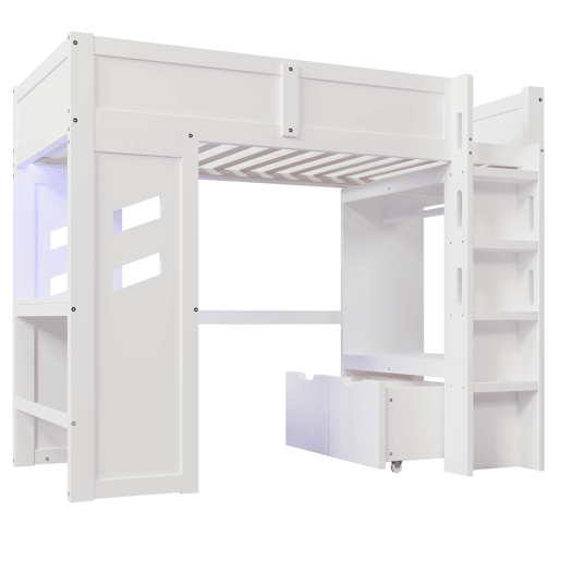 Cama alta 90x200 cm - Gaming com secretária, LED, 1 USB, 1 tipo C, com prateleira, branca Cama alta 90x200 cm - Gaming com secretária, LED, 1 USB, 1 tipo C, com prateleira, branca