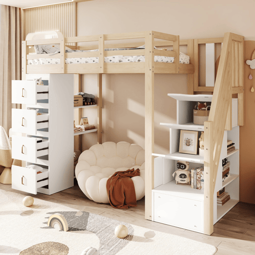 Cama alta 90 x 200 cm - com gavetas de arrumação, estante com vários prateleiros, escada segura, cama multifuncional em madeira maciça - cor de madeira natural