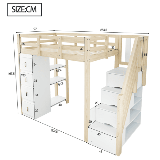 Cama alta 90 x 200 cm - com gavetas de arrumação, estante com vários prateleiros, escada segura, cama multifuncional em madeira maciça - cor de madeira natural