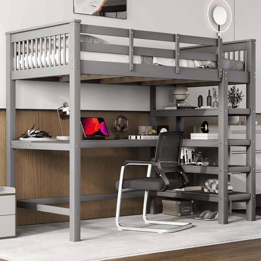 Cama alta 90x200 - Cama infantil com prateleiras e secretária baixa - Cinza
