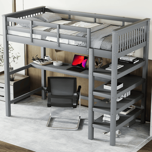 Cama alta 90x200 - Cama infantil com prateleiras e secretária baixa - Cinza