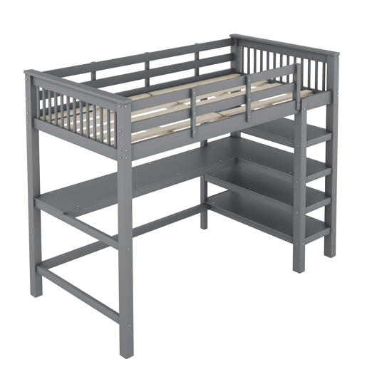 Cama alta 90x200 - Cama infantil com prateleiras e secretária baixa - Cinza