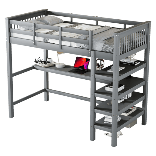 Cama alta 90x200 - Cama infantil com prateleiras e secretária baixa - Cinza