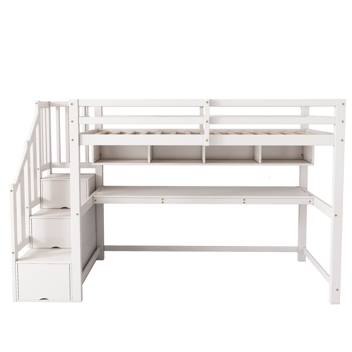 Cama alta infantil 90x200 - con escalera y escritorio, estantes, madera maciza+mdf - blanco
