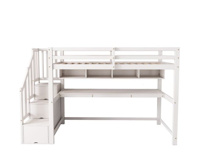Cama alta infantil 90x200 - con escalera y escritorio, estantes, madera maciza+mdf - blanco
