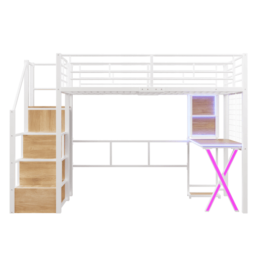 Cama alta 90 x 200 cm - com LED, escada com prateleiras, secretária, armário e estantes, sem colchão - branco Cama alta 90 x 200 cm - com LED, escada com prateleiras, secretária, armário e estantes, sem colchão - branco