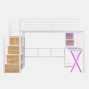 Cama alta 90 x 200 cm - com LED, escada com prateleiras, secretária, armário e estantes, sem colchão - branco