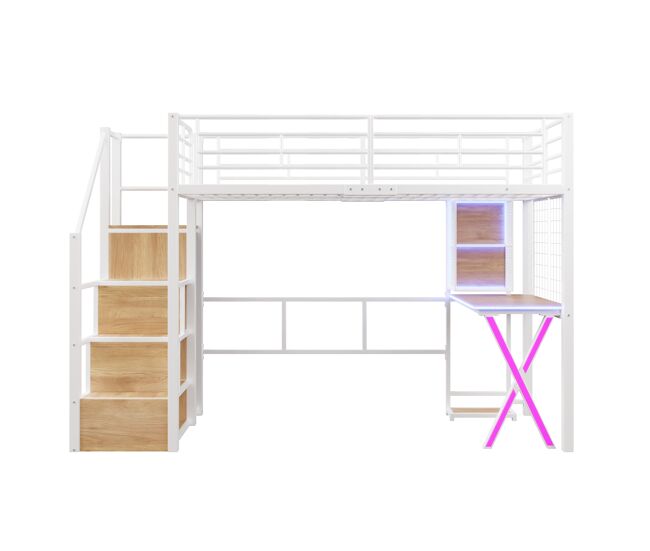 Cama alta 90 x 200 cm - con led, escalera con estantes, escritorio, armario y estanterías, sin colchón - blanco