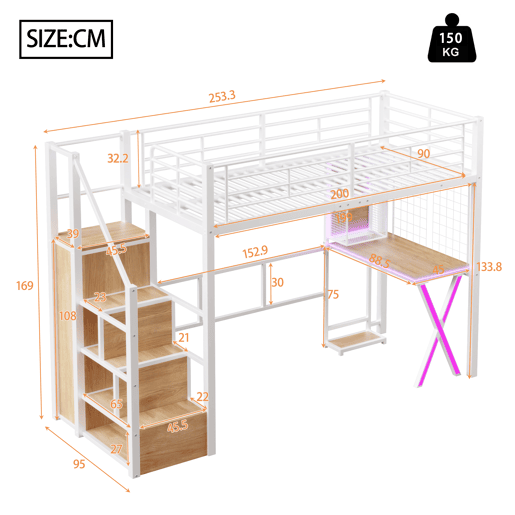 Cama alta 90 x 200 cm - com LED, escada com prateleiras, secretária, armário e estantes, sem colchão - branco Cama alta 90 x 200 cm - com LED, escada com prateleiras, secretária, armário e estantes, sem colchão - branco