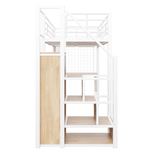 Cama alta 90 x 200 cm - com LED, escada com prateleiras, secretária, armário e estantes, sem colchão - branco Cama alta 90 x 200 cm - com LED, escada com prateleiras, secretária, armário e estantes, sem colchão - branco