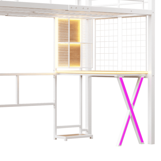 Cama alta 90 x 200 cm - com LED, escada com prateleiras, secretária, armário e estantes, sem colchão - branco Cama alta 90 x 200 cm - com LED, escada com prateleiras, secretária, armário e estantes, sem colchão - branco