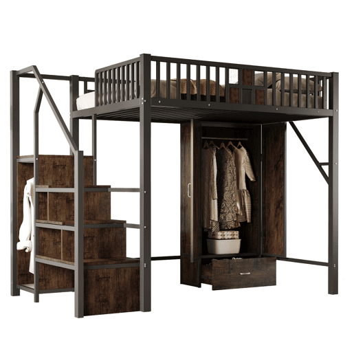 Cama alta metálica 140x200 - Design com grade, armário, gavetas e escada de arrumação - Preto