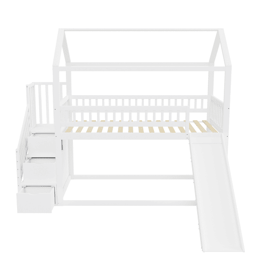 Cama alta infantil 90x200 cm - com escorregador, escada com arrumação, estrutura em madeira maciça, corrimão alto - branco Cama alta infantil 90x200 cm - com escorregador, escada com arrumação, estrutura em madeira maciça, corrimão alto - branco