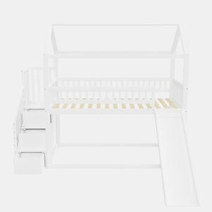 Cama alta infantil 90x200 cm - com escorregador, escada com arrumação, estrutura em madeira maciça, corrimão alto - branco