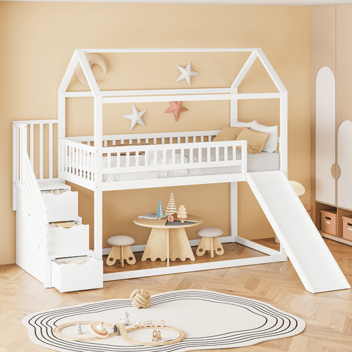 Cama alta infantil 90x200 cm - com escorregador, escada com arrumação, estrutura em madeira maciça, corrimão alto - branco Cama alta infantil 90x200 cm - com escorregador, escada com arrumação, estrutura em madeira maciça, corrimão alto - branco