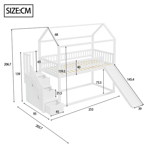 Cama alta infantil 90x200 cm - com escorregador, escada com arrumação, estrutura em madeira maciça, corrimão alto - branco Cama alta infantil 90x200 cm - com escorregador, escada com arrumação, estrutura em madeira maciça, corrimão alto - branco