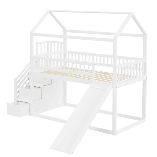 Cama alta infantil 90x200 cm - com escorregador, escada com arrumação, estrutura em madeira maciça, corrimão alto - branco Cama alta infantil 90x200 cm - com escorregador, escada com arrumação, estrutura em madeira maciça, corrimão alto - branco