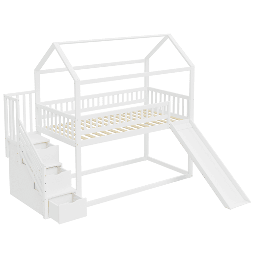 Cama alta infantil 90x200 cm - com escorregador, escada com arrumação, estrutura em madeira maciça, corrimão alto - branco Cama alta infantil 90x200 cm - com escorregador, escada com arrumação, estrutura em madeira maciça, corrimão alto - branco