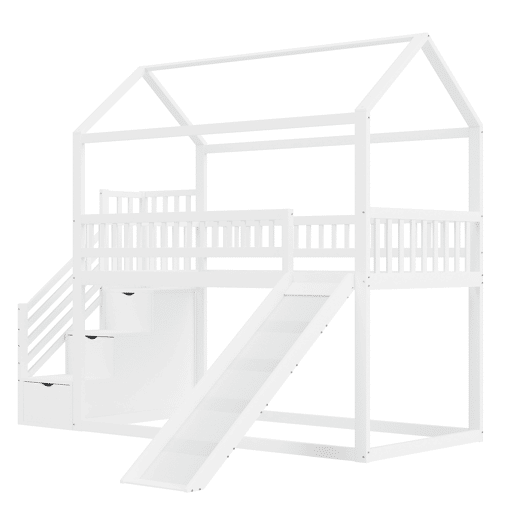 Cama alta infantil 90x200 cm - com escorregador, escada com arrumação, estrutura em madeira maciça, corrimão alto - branco Cama alta infantil 90x200 cm - com escorregador, escada com arrumação, estrutura em madeira maciça, corrimão alto - branco