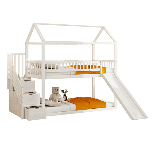 Cama alta infantil 90x200 cm - com escorregador, escada com arrumação, estrutura em madeira maciça, corrimão alto - branco Cama alta infantil 90x200 cm - com escorregador, escada com arrumação, estrutura em madeira maciça, corrimão alto - branco