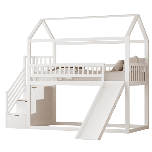 Cama alta infantil 90x200 cm - com escorregador, escada com arrumação, estrutura em madeira maciça, corrimão alto - branco Cama alta infantil 90x200 cm - com escorregador, escada com arrumação, estrutura em madeira maciça, corrimão alto - branco