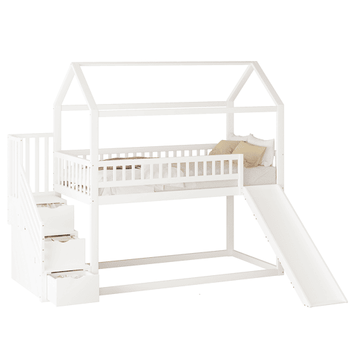 Cama alta infantil 90x200 cm - com escorregador, escada com arrumação, estrutura em madeira maciça, corrimão alto - branco Cama alta infantil 90x200 cm - com escorregador, escada com arrumação, estrutura em madeira maciça, corrimão alto - branco