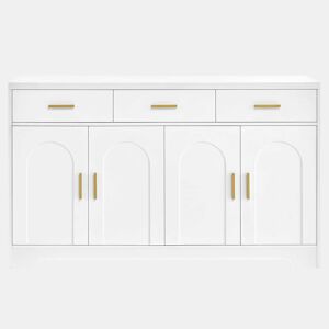 Aparador de sala sem dimensões especificadas - 4 portas arqueadas, 3 gavetas, prateleiras ajustáveis, estrutura em MDF, puxadores metálicos dourados - Branco