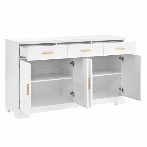 Aparador de sala sem dimensões especificadas - 4 portas arqueadas, 3 gavetas, prateleiras ajustáveis, estrutura em MDF, puxadores metálicos dourados - Branco Aparador de sala sem dimensões especificadas - 4 portas arqueadas, 3 gavetas, prateleiras ajustáveis, estrutura em MDF, puxadores metálicos dourados - Branco