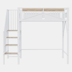 Cama alta metálica 90x200 cm - Segurança com janela, escada de segurança, espaço livre para tela - Branco