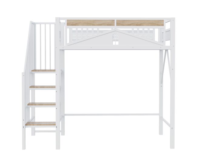 Cama alta metálica 90x200 cm - seguridad con ventana, escalera de seguridad, espacio libre para tela - blanco