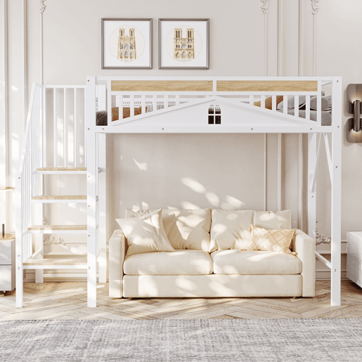 Cama alta metálica 90x200 cm - Segurança com janela, escada de segurança, espaço livre para tela - Branco Cama alta metálica 90x200 cm - Segurança com janela, escada de segurança, espaço livre para tela - Branco