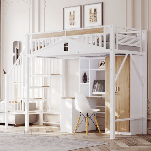 Cama alta metálica 90x200 cm - Segurança com janela, escada de segurança, espaço livre para tela - Branco Cama alta metálica 90x200 cm - Segurança com janela, escada de segurança, espaço livre para tela - Branco