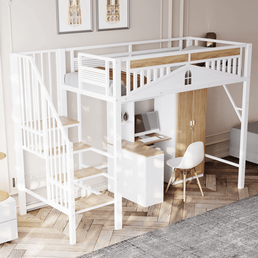 Cama alta metálica 90x200 cm - Segurança com janela, escada de segurança, espaço livre para tela - Branco Cama alta metálica 90x200 cm - Segurança com janela, escada de segurança, espaço livre para tela - Branco