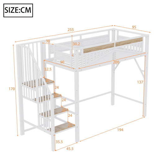 Cama alta metálica 90x200 cm - Segurança com janela, escada de segurança, espaço livre para tela - Branco Cama alta metálica 90x200 cm - Segurança com janela, escada de segurança, espaço livre para tela - Branco