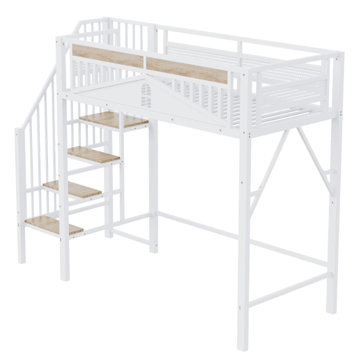 Cama alta metálica 90x200 cm - Segurança com janela, escada de segurança, espaço livre para tela - Branco Cama alta metálica 90x200 cm - Segurança com janela, escada de segurança, espaço livre para tela - Branco