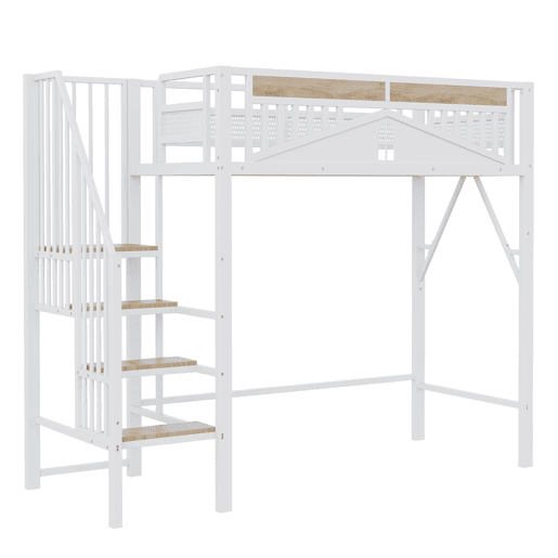 Cama alta metálica 90x200 cm - Segurança com janela, escada de segurança, espaço livre para tela - Branco Cama alta metálica 90x200 cm - Segurança com janela, escada de segurança, espaço livre para tela - Branco