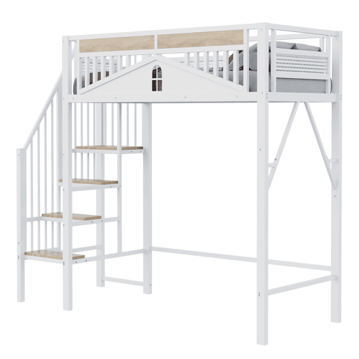 Cama alta metálica 90x200 cm - Segurança com janela, escada de segurança, espaço livre para tela - Branco Cama alta metálica 90x200 cm - Segurança com janela, escada de segurança, espaço livre para tela - Branco