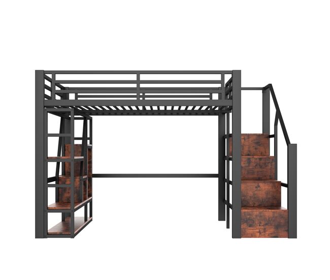 Cama loft 140x200 cm - estructura de hierro, estante, escalera integrada, barandilla de seguridad, luz led - negra