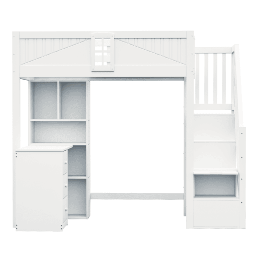 Cama alta em madeira maciça 90 x 200 cm - grade de segurança com janela, armários, secretária, gavetas e escada lateral intercambiável - branco